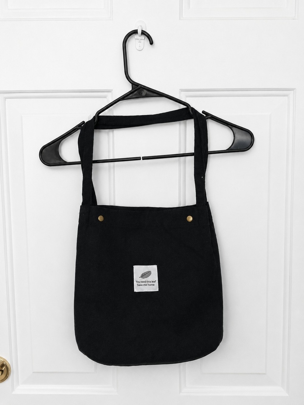 Black Corduroy Shoulder Tote with Front Patch - Picture 2 of 6